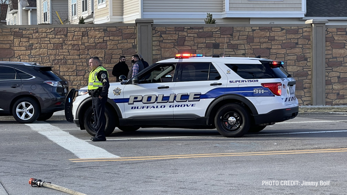 Intersection crash involving a semi-trailer truck and a black Range Rover SUV at Lake Cook Road and Lexington Drive in Wheeling (PHOTO CREDIT: Jimmy Bolf)