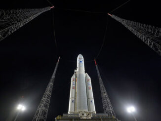 Arianespace's Ariane 5 rocket with NASA’s James Webb Space Telescope onboard, is seen at the launch pad, Thursday, Dec. 23, 2021, at Europe’s Spaceport, the Guiana Space Center in Kourou, French Guiana. The James Webb Space Telescope (sometimes called JWST or Webb) is a large infrared telescope with a 21.3 foot (6.5 meter) primary mirror. The observatory will study every phase of cosmic history—from within our solar system to the most distant observable galaxies in the early universe. Photo Credit: (NASA/Bill Ingalls)