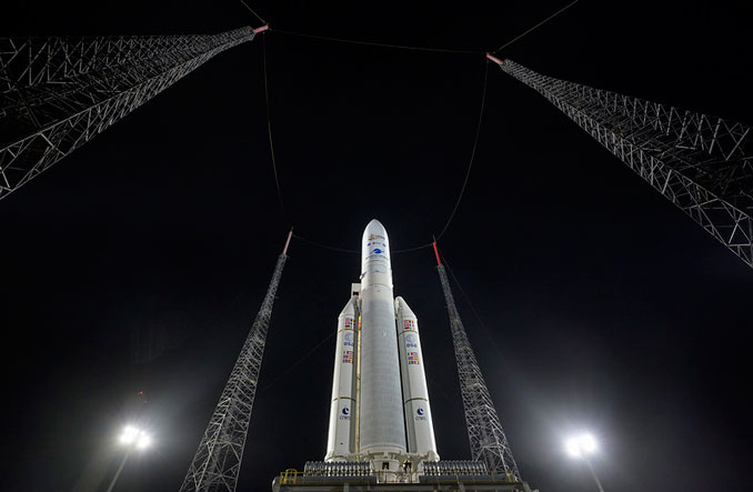 Arianespace's Ariane 5 rocket with NASA’s James Webb Space Telescope onboard, is seen at the launch pad, Thursday, Dec. 23, 2021, at Europe’s Spaceport, the Guiana Space Center in Kourou, French Guiana. The James Webb Space Telescope (sometimes called JWST or Webb) is a large infrared telescope with a 21.3 foot (6.5 meter) primary mirror. The observatory will study every phase of cosmic history—from within our solar system to the most distant observable galaxies in the early universe. Photo Credit: (NASA/Bill Ingalls)