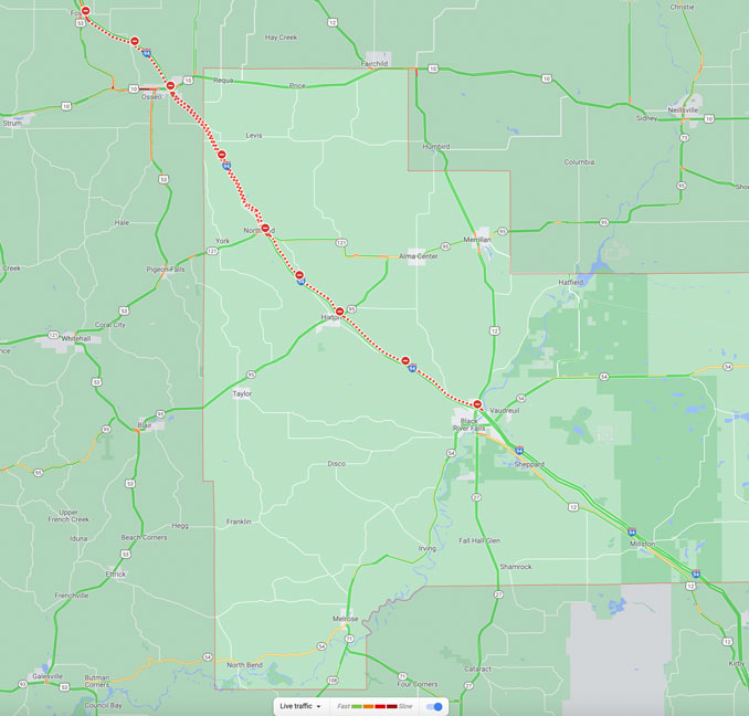 Jackson County, Wisconsin pile-up map (Map data ©2021 Google).