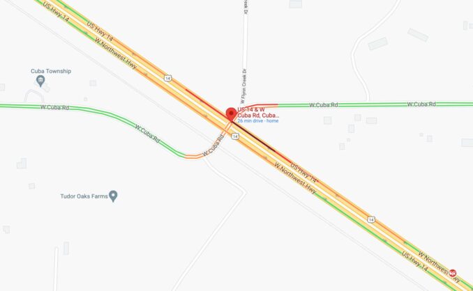 Motorcycle  crash map at US 14 and Cuba Road in Cuba Township (Map data ©2021 Google)