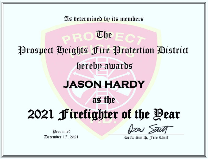 Prospect Heights Fire Protection District 2021 Firefighter of the Year Jason Hardy