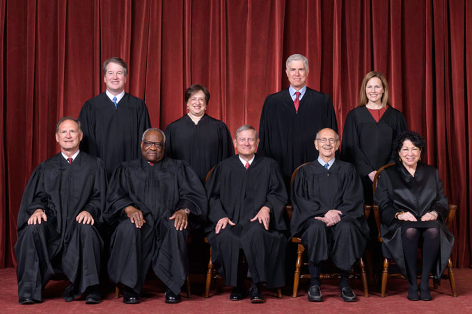 2021 Supreme Court, Roberts Court composed as of October 27, 2020. Front row, left to right: Associate Justice Samuel A. Alito, Jr., Associate Justice Clarence Thomas, Chief Justice John G. Roberts, Jr., Associate Justice Stephen G. Breyer, and Associate Justice Sonia Sotomayor. Back row, left to right: Associate Justice Brett M. Kavanaugh, Associate Justice Elena Kagan, Associate Justice Neil M. Gorsuch, and Associate Justice Amy Coney Barrett (Credit: Fred Schilling, Collection of the Supreme Court of the United States / Public Domain)