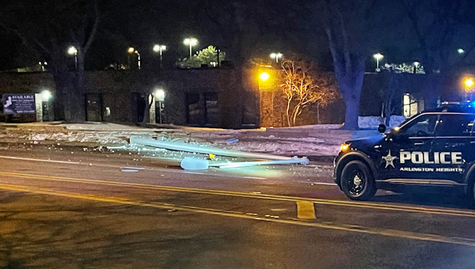 One of two 50-foot aluminum light poles down in a westbound lane of Algonquin Road east of Meijer Drive in Arlington Heights