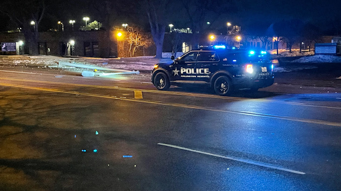 One of two 50-foot aluminum light poles down in a westbound lane of Algonquin Road east of Meijer Drive in Arlington Heights