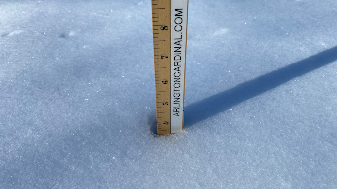 Snow accumulation of 3.5 inches from 9:30 p.m. Saturday until around 6:00 a.m. Sunday, January 23, 2022