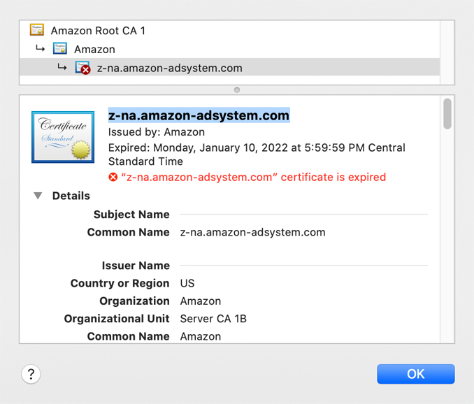 Expired Amazon Certificate January 10, 2022
