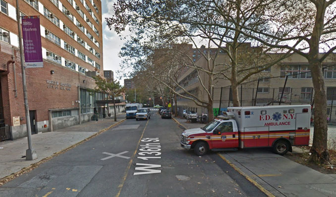 FDNY ambulance at Harlem Hospital on 136th Street east of the crime scene where two NYPD officers were shot (Image capture November 2017 ©2022 Google)