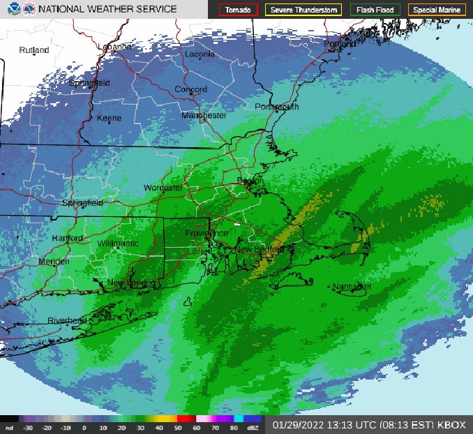 KBOX Radar January 29, 2022 at 8:13AM EST (NWS Northon, MA).