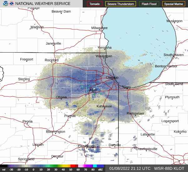 Weather radar KLOT_loop on January 8, 2022 at 4:50 p.m. (SOURCE: NWS Chicago).