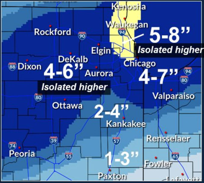 Snowfall Totals Map January 1, 2022 (SOURCE: National Weather Service Chicago).