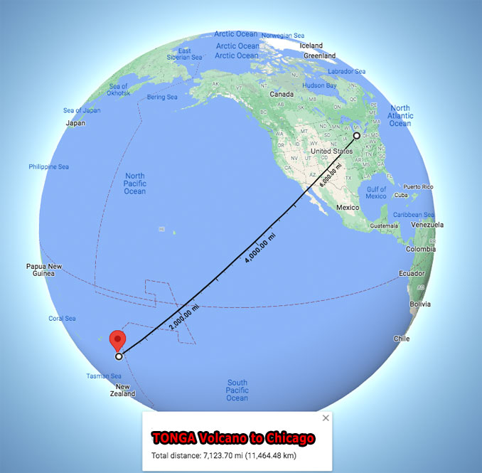 Tonga Volcano distance to Chicago (SOURCE: Map data ©2022 Google, INEGI, TMap Mobility)