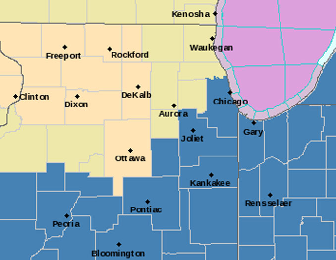 Winter Storm Watch January 31 2022 8:14 AM CST; Blue is Winter Storm Watch, yellow is Hazardous Weather Outlook (SOURCE: National Weather Service Chicago)