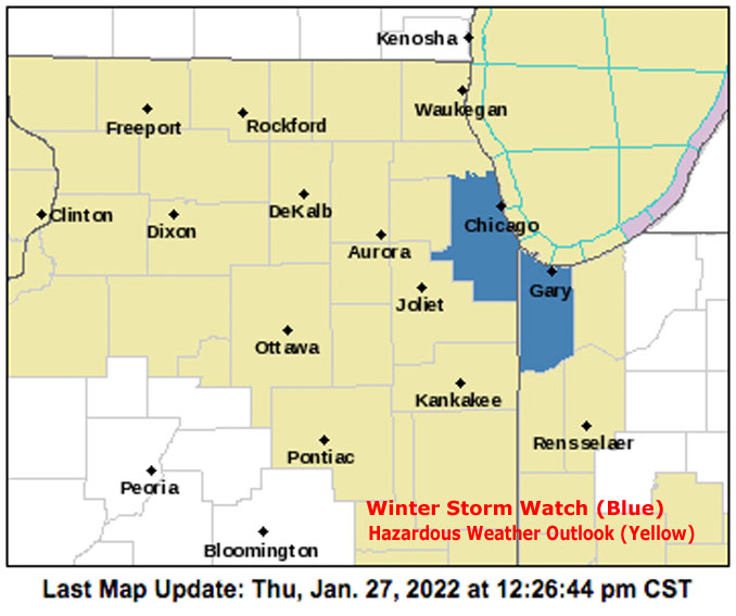 Slightly difference Winter Storm Watch indicated  from National Weather Service at 12:26 a.m. compared to 5:00 a.m. January 27, 2022 (SOURCE: NWS Chicago)