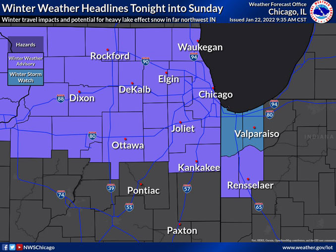 Winter Weather Advisory 9 PM Saturday, January 22, 2022 to 9 AM Sunday, January 23, 2022 (SOURCE: NWS Chicago)