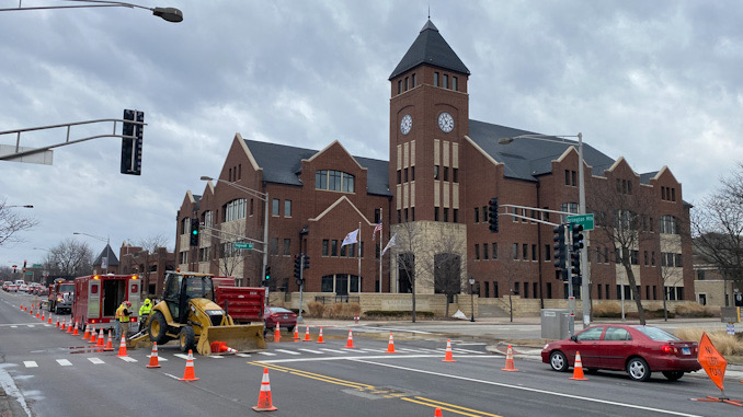 Water main repair work at Arlington Heights Road and Sigwalt Street in the middle of the intersection