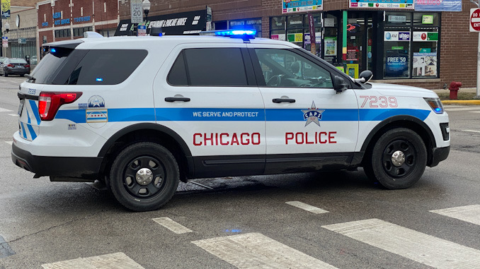 Chicago Police Department SUV blocking an intersection in the Albany Park neighborhood in Chicago