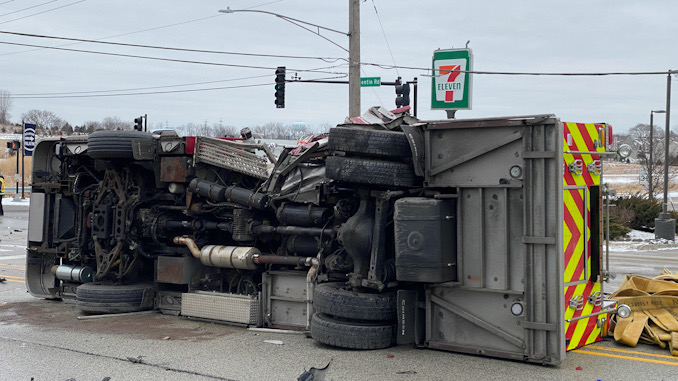 Palatine fire engine with severe damage on driver’s side.