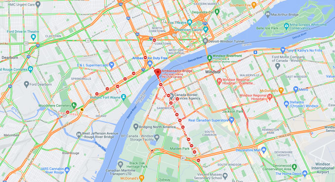 Blockade of Ambassador Bridge over Detroit River Sunday, February 13, 2022 3:45 PM CT (Map data ©2022 Google)