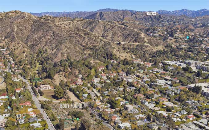 Body location Lindsey Pearlman just north of Hollywood Boulevard and south of Runyon Canyon (Imagery ©2022 Google, Imagery ©2022 Maxar Technologies, U.S. Geological Survey, USDA Farm Service Agency, Map data ©2022 Google)