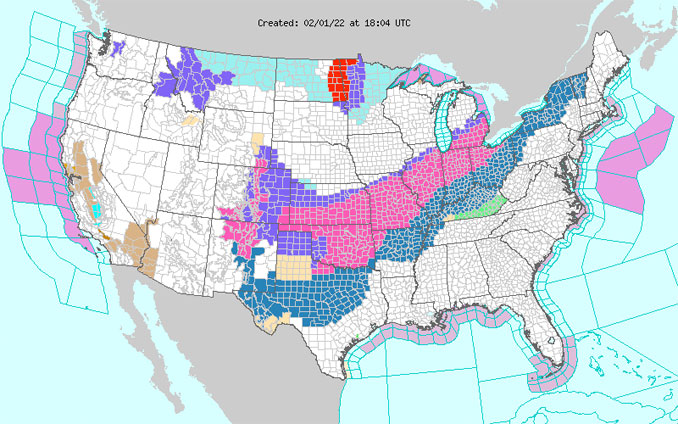 CONUS Weather Alerts Feb 01 2022 1800Z (SOURCE: National Weather Service | Weather.gov)