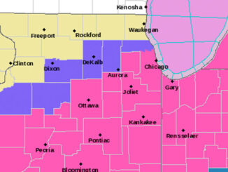 Chicagoland weather warning, advisory and statement: PINK = Winter Storm Warning, BLUE = Winter Weather Advisory, YELLOW = Hazardous Weather Outlook (SOURCE: NWS Chicago)