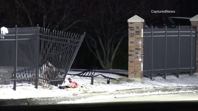 Location where vehicle crashed through Concorde Banquets fence on Rand Road in Kildeer