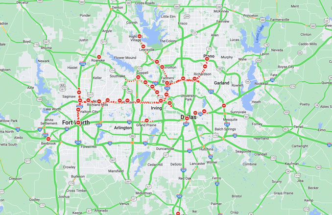 Dallas-Fort Worth road closures February 24, 2022 (Map data ©2022 Google)