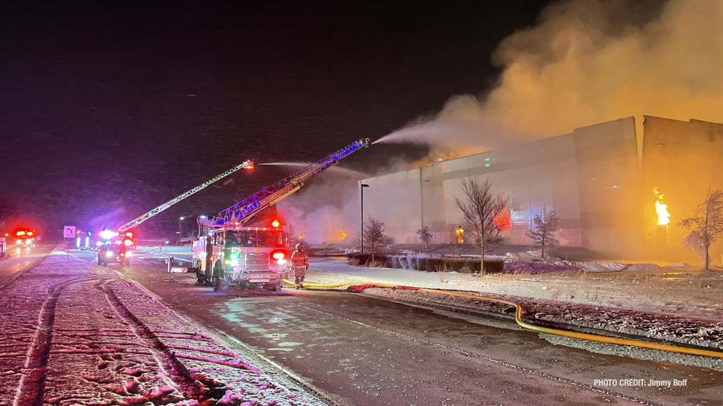 Firefighting scene before a major wall collapse Thursday night, February 3, 2022 (PHOTO CREDIT: Jimmy Bolf)