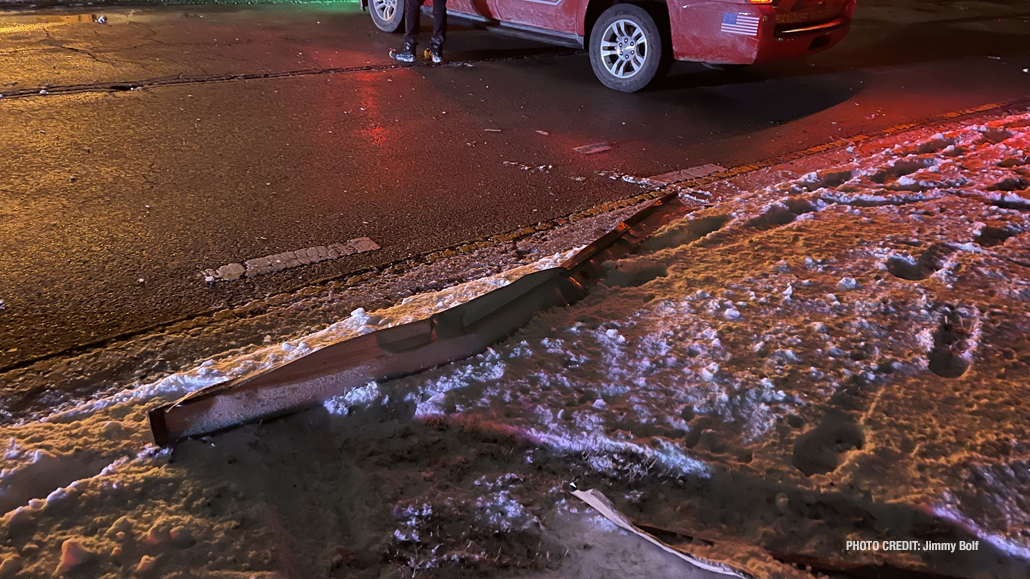 Debris on the ground beyond the collapse zone after a wall collapse Thursday night, February 3, 2022 (PHOTO CREDIT: Jimmy Bolf)