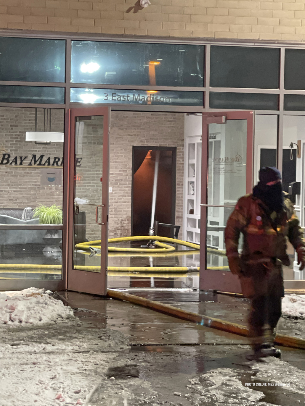 A multiversal nozzle (on the floor in the background) puts water on the fire inside Bay Marine (PHOTO CREDIT: Max Weingardt)