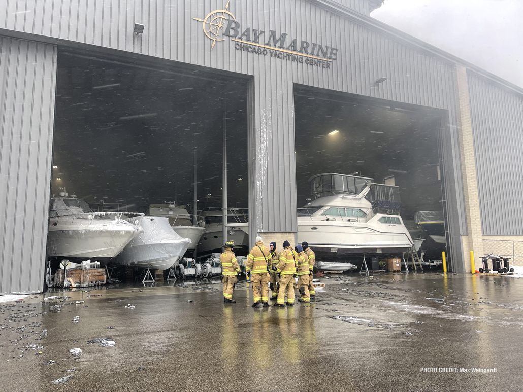 Scene at Bay Marine in daylight after an overnight extra-alarm fire near Waukegan Harbor (PHOTO CREDIT: Max Weingardt)