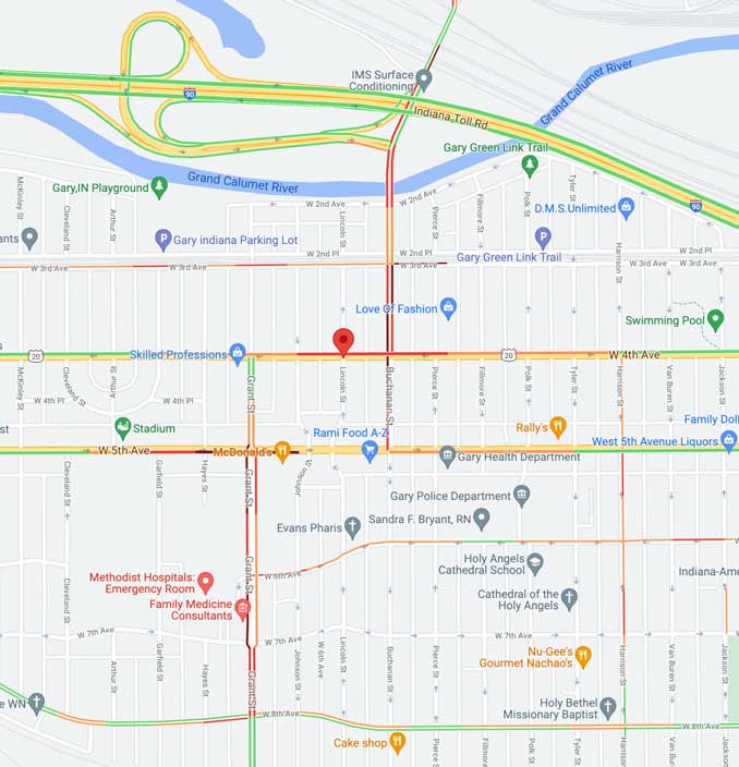 Lincoln Street and 4th Avenue Gary, Indiana traffic layer Monday February 7, 2022 3:50 p.m.  (Map data ©2022 Google)