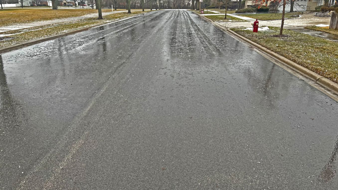 Hail line looking west on Suffield Drive just west of Stuart Drive in Arlington Heights