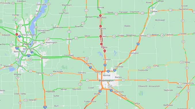 I-39 closure Friday, February 18, 2022 at 10:54 a.m. after a multi-vehicle crash Thursday afternoon (Map data ©2022 Google)