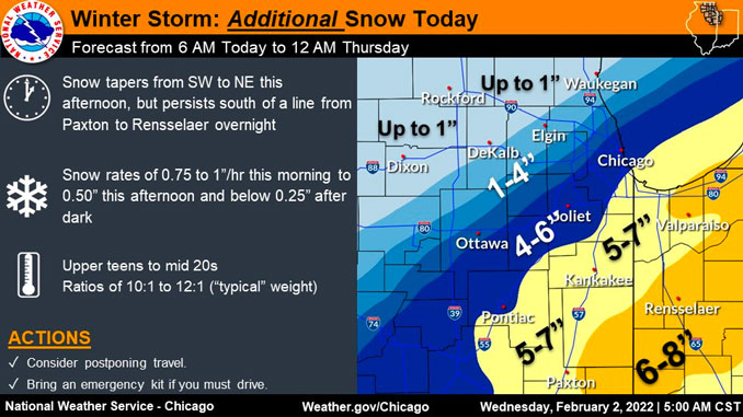 Snow Forecast for Phase 1 Storm February 02, 2022 as of 4:49AM CST (SOURCE: NWS Chicago)