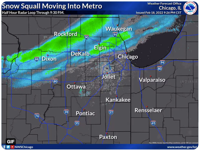 Snow Squall on radar February 18, 2022 about 9:26 p.m. CT (SOURCE: NWS Chicago)