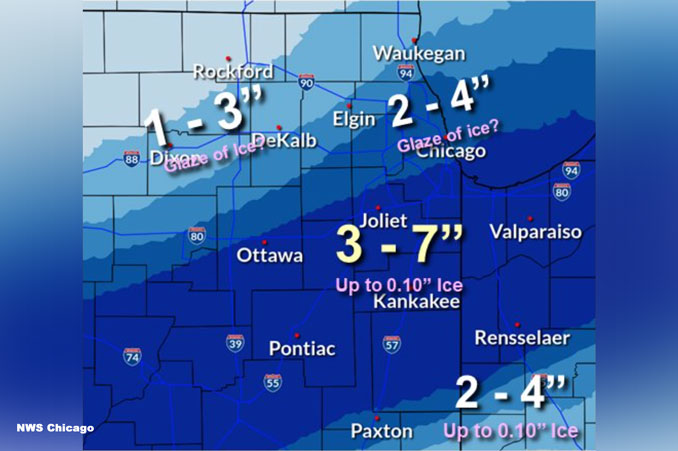 Snowfall forecast on Feb 16 2022 for Thursday, Feb 17, 2022 (SOURCE: NWS Chicago)
