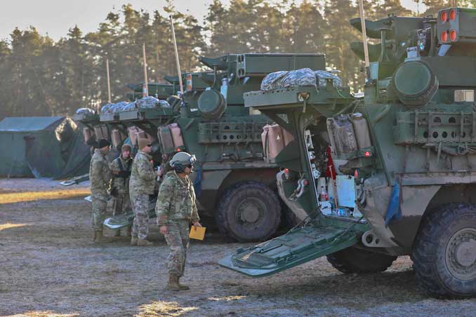 U.S. soldiers assigned to 5th Battalion, 4th Air Defense Artillery Regiment prepare maneuver short-range air-defense platform prototypes during a training exercise in BPTA, Poland, Feb. 24, 2022