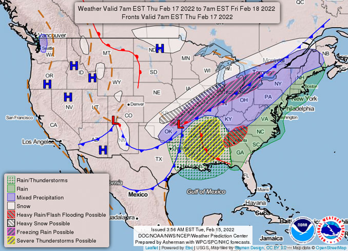 US Weather Map for 6 AM CT Thursday Feb. 17, 2022 to 6 AM CT Friday Feb. 18, 2022 (SOURCE: DOC/NOAA/NWS/NCEP/Weather Prediction Center/Asherman WPC/SPC/NHC forecasts)