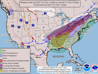 US Weather Map for 6 AM CT Thursday Feb. 17, 2022 to 6 AM CT Friday Feb. 18, 2022 generated 2:58 AM Thursday Feb. 17, 2022 (SOURCE: DOC/NOAA/NWS/NCEP/Weather Prediction Center/Asherman WPC/SPC/NHC forecasts)