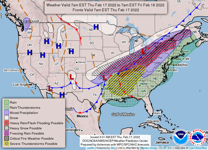 US Weather Map for 6 AM CT Thursday Feb. 17, 2022 to 6 AM CT Friday Feb. 18, 2022 generated 2:58 AM Thursday Feb. 17, 2022 (SOURCE: DOC/NOAA/NWS/NCEP/Weather Prediction Center/Asherman WPC/SPC/NHC forecasts)