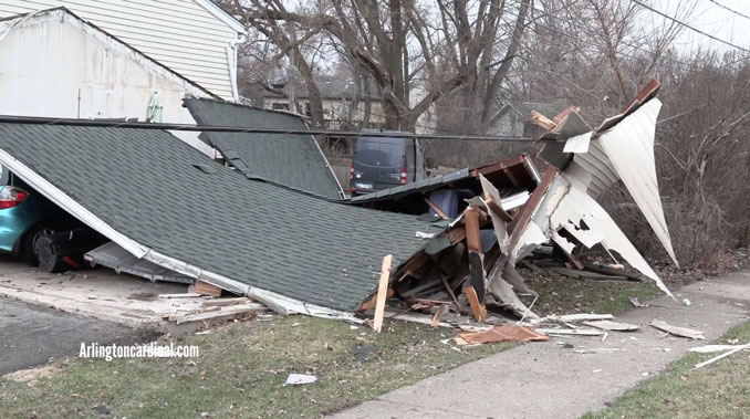 Collapsed garage after it was hit by a Sprinter van