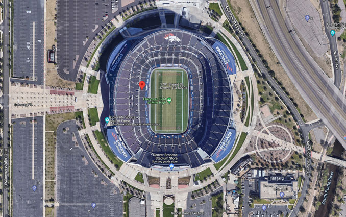 Empower Field at Mile High, 1701 Bryant Street Denver (Imagery ©2022 Google, Imagery ©2022 CNES / Airbus, Maxar Technologies, Sanborn, U.S. Geological Survey, USDA Farm Service Agency, Map data ©2022)