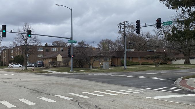 The intersection of Dryden Place and Kensington Road with the Dryden Apartments in the background -- just northeast of the Mariano's grocery store