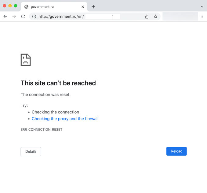 Russia's official website government.ru was not accessible from the United States