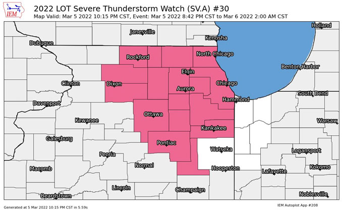 Severe Thunderstorm Warning NWS Chicago March 5, 2022 at 10:15 p.m. (SOURCE NWS Chicago)