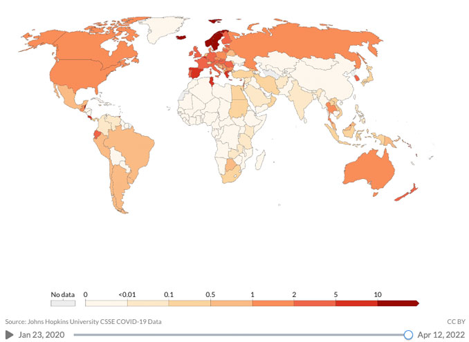 COVID-19 WORLD MAP April 12, 2022: Daily new confirmed COVID-19 deaths per million