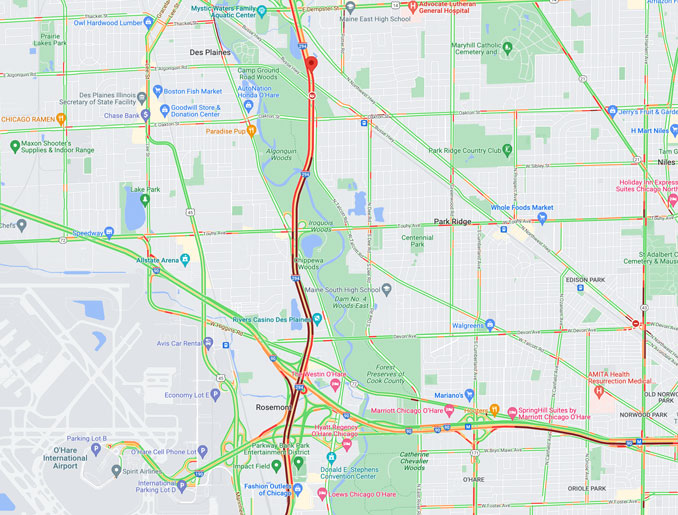 Crash map I-294 near Dempster Street on Friday, April 22, 2022 (Map data ©2022 Google)