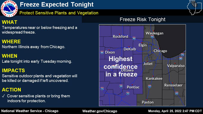 NWS Chicago highest confidence for freeze in northeast Illinois (NWS Chicago)